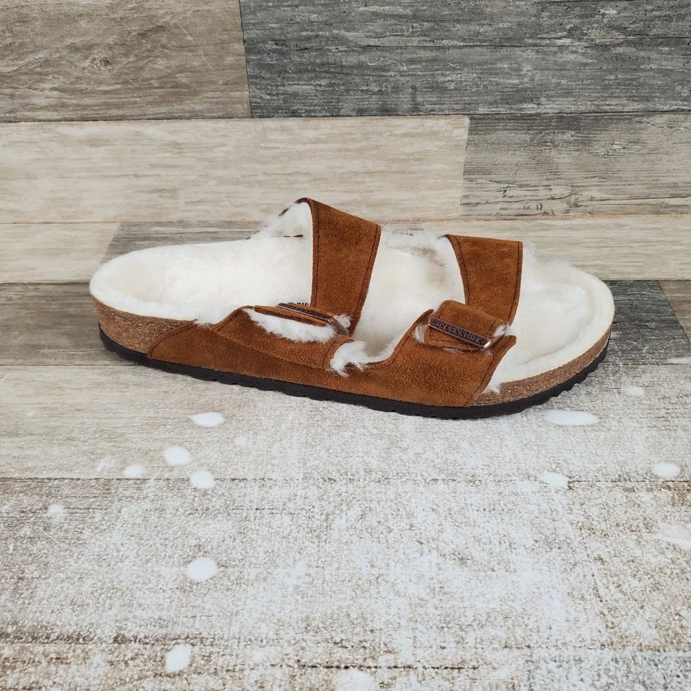 Birkenstock Arizona Shearling Sandals Mens 12 Mink Suede Adjustable Straps Lined